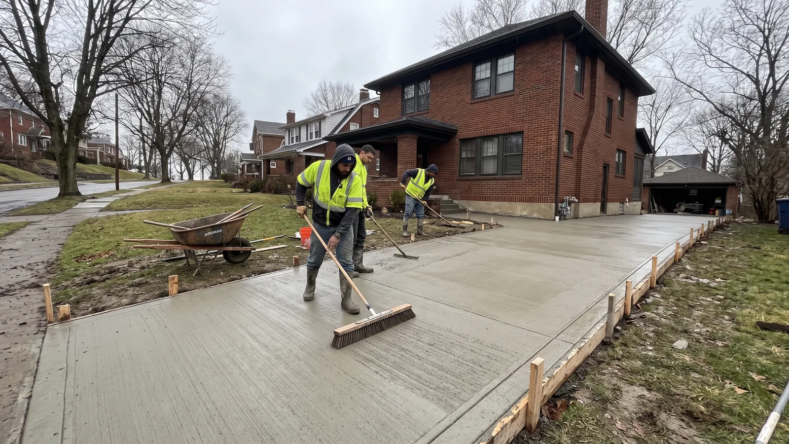 Concrete crew finishing a freshly poured broom-finish driveway in front of a two-story red-brick house on a hilly, tree-lined Cincinnati street