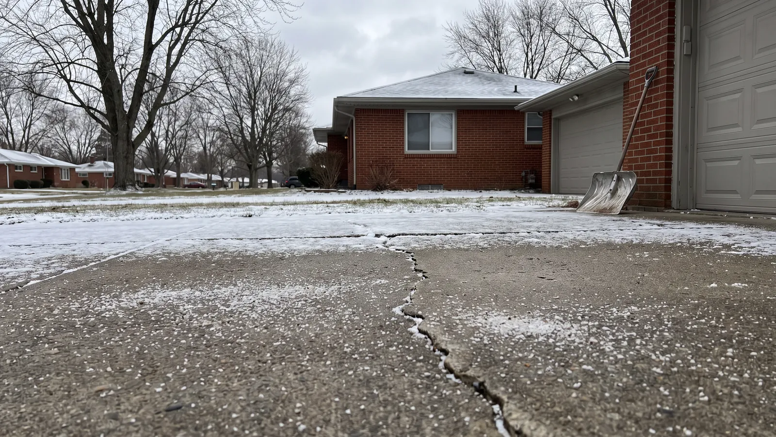Concrete driveway on a gray Ohio winter morning with a dusting of snow and rock salt scattered on the surface, brick house behind