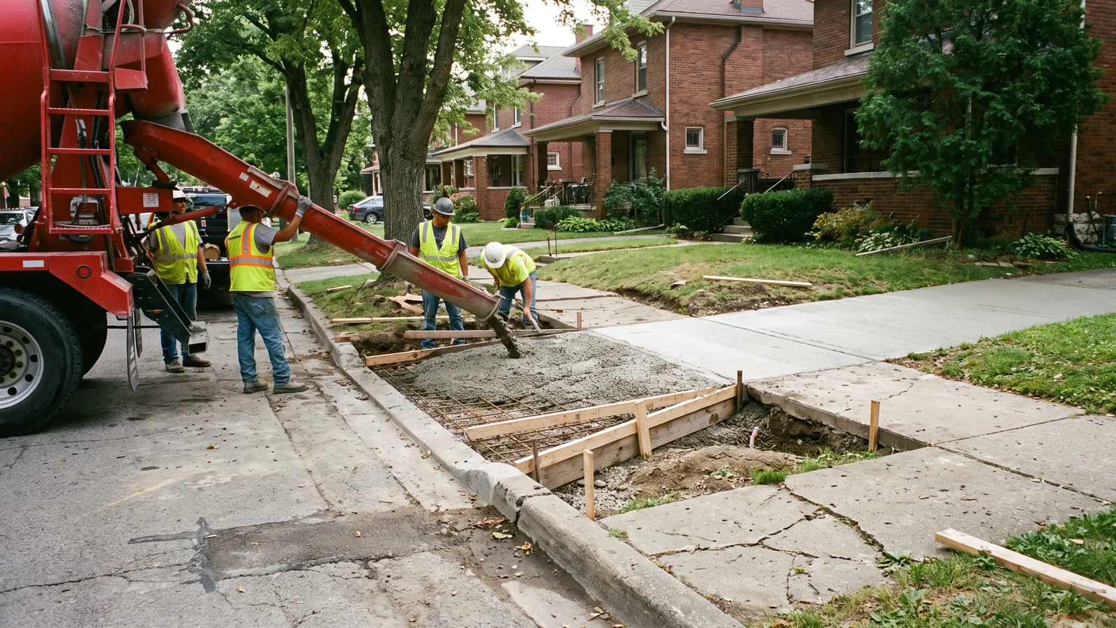 Residential driveway apron at the city curb with forms and rebar set in the opening and fresh concrete being placed from a chute, brick houses behind
