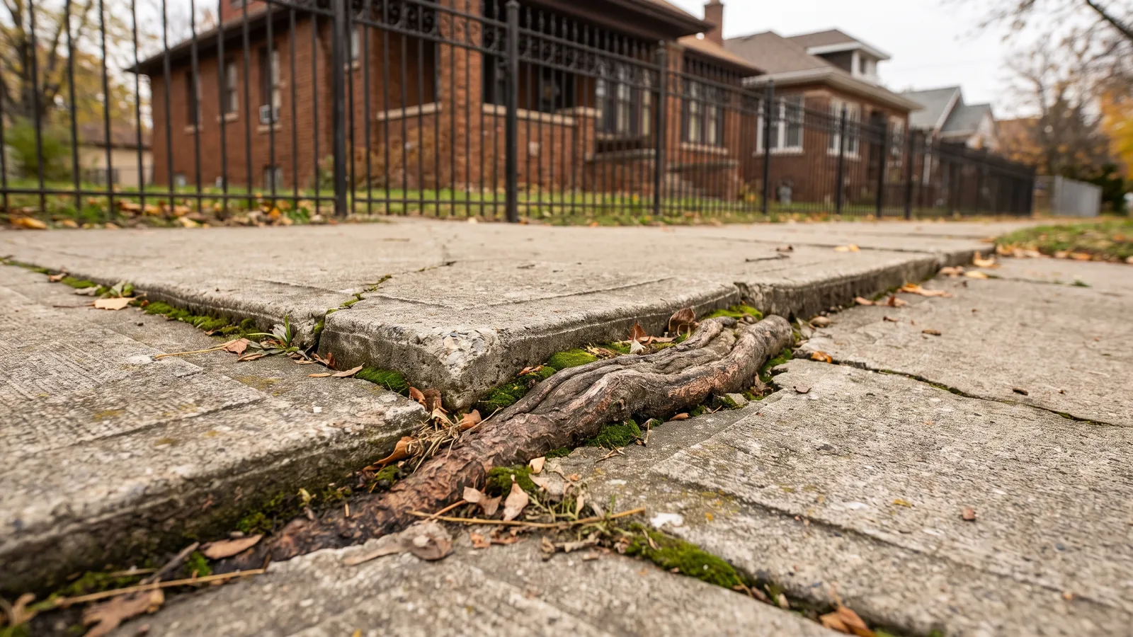 Old public sidewalk slab heaved and cracked by a tree root, a trip-hazard step between panels, brick house and iron fence behind