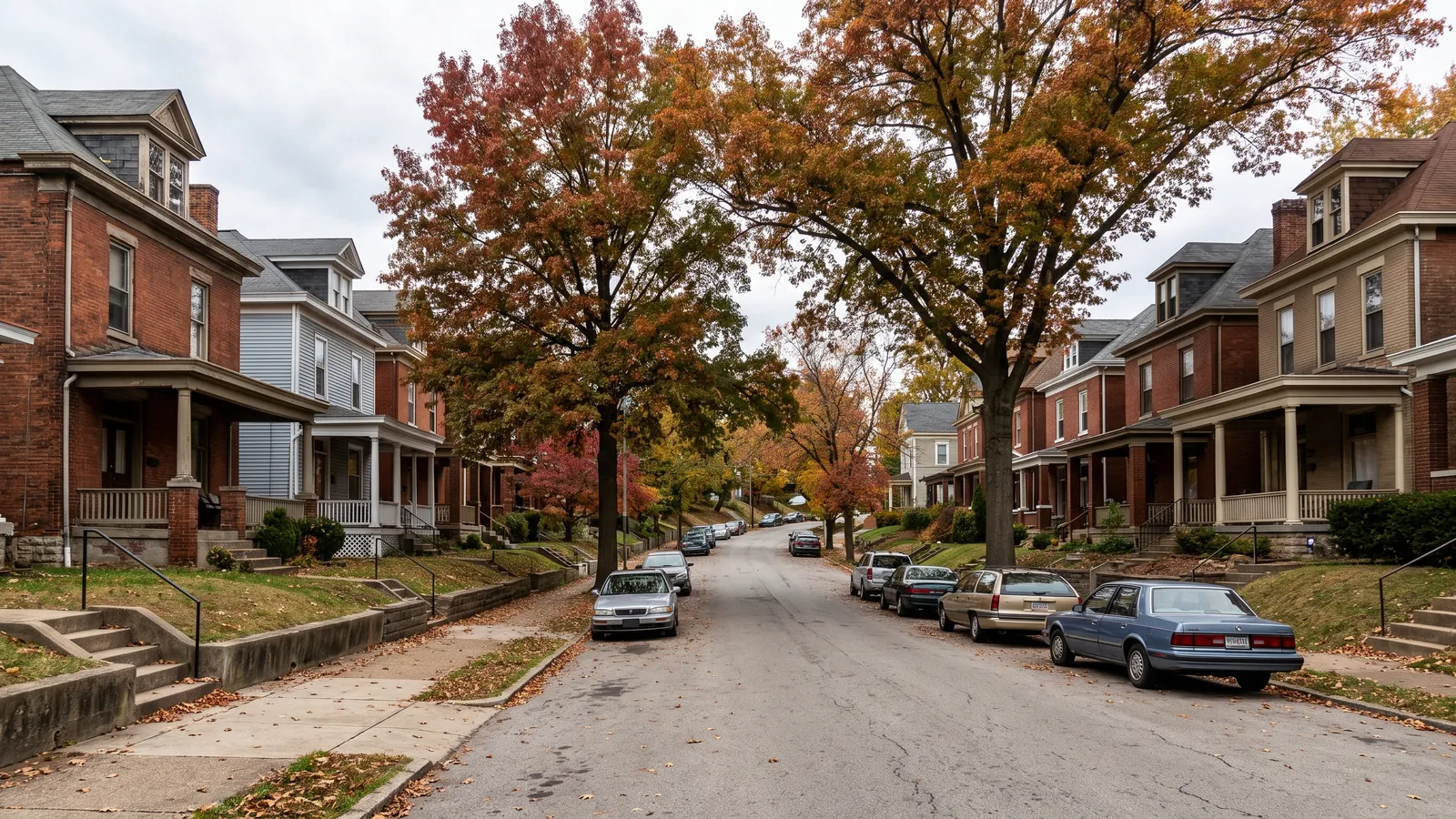 Hilly residential street in an older Cincinnati neighborhood with brick and frame houses, front porches stepping up the slope and concrete sidewalks under autumn trees
