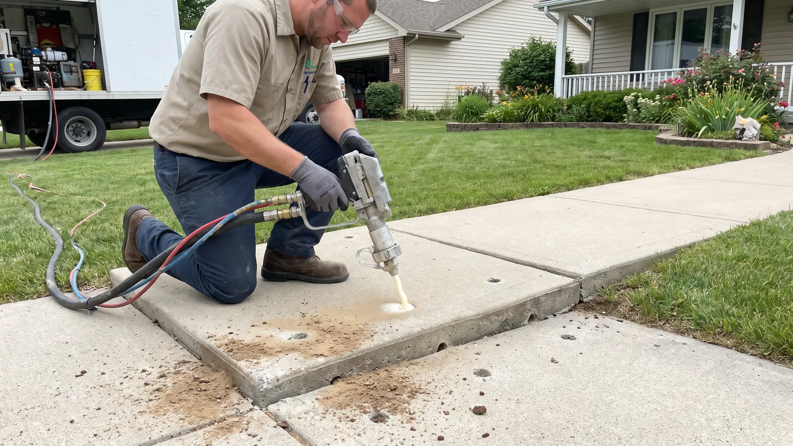 Polyurethane foam lifting in progress: small injection ports in a sunken sidewalk panel and a technician with a foam gun as the slab rises level