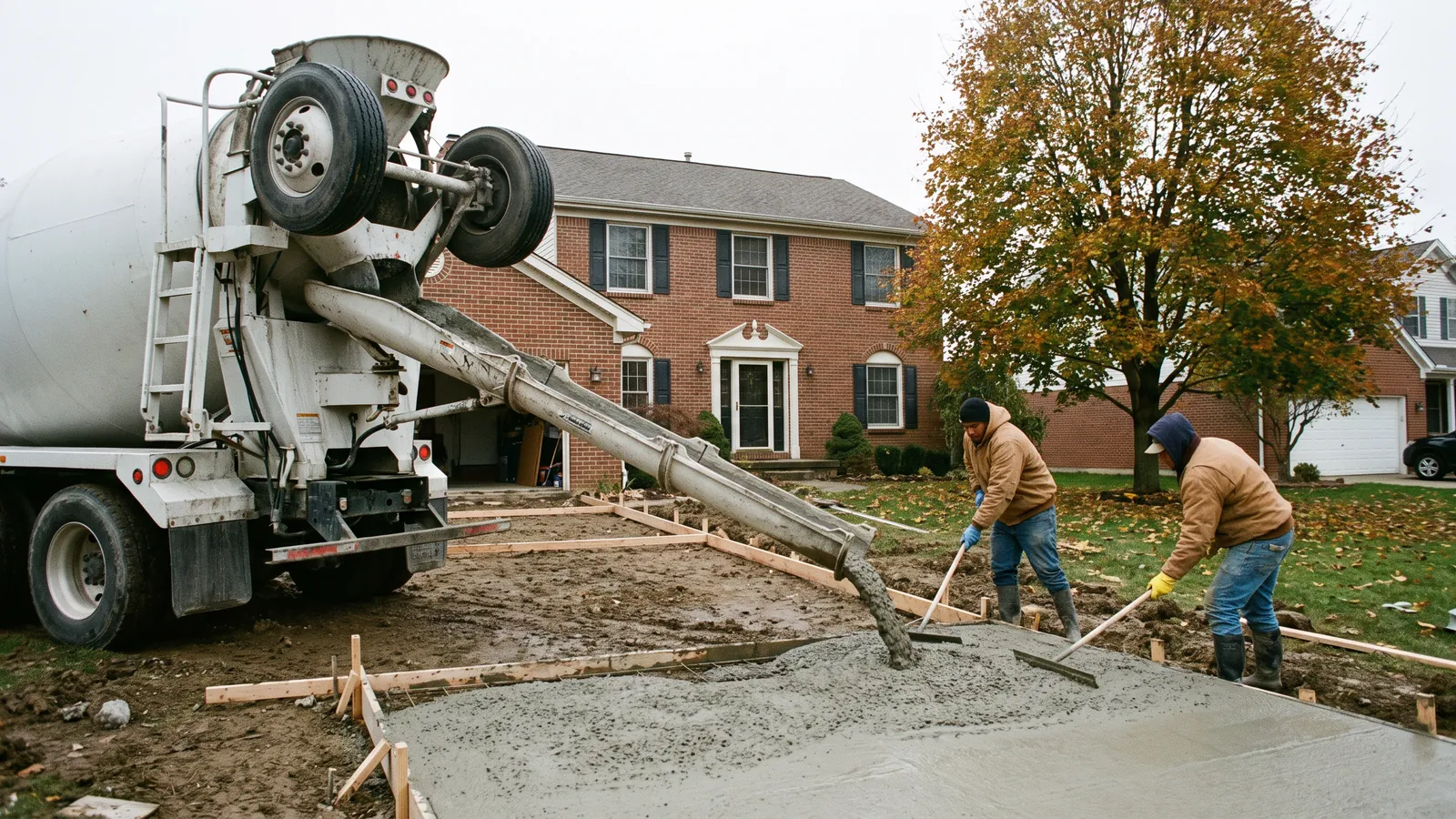 Ready-mix concrete truck with its chute extended pouring into wood forms for a driveway while two workers spread the wet concrete