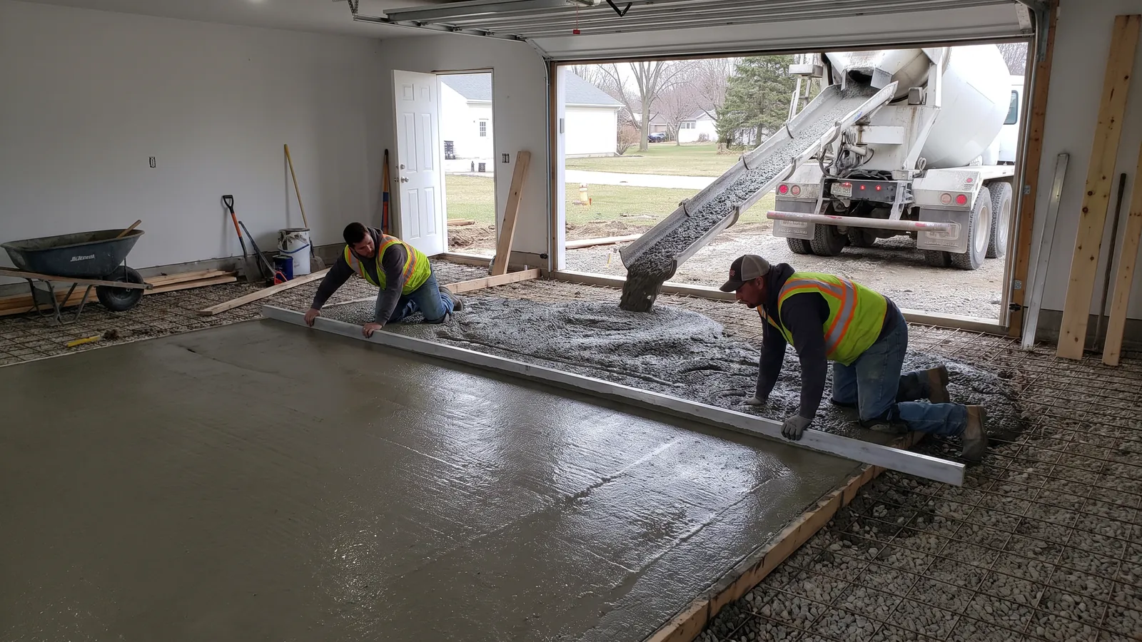 Two workers screeding a freshly poured concrete garage floor slab with wire mesh visible at the unpoured end