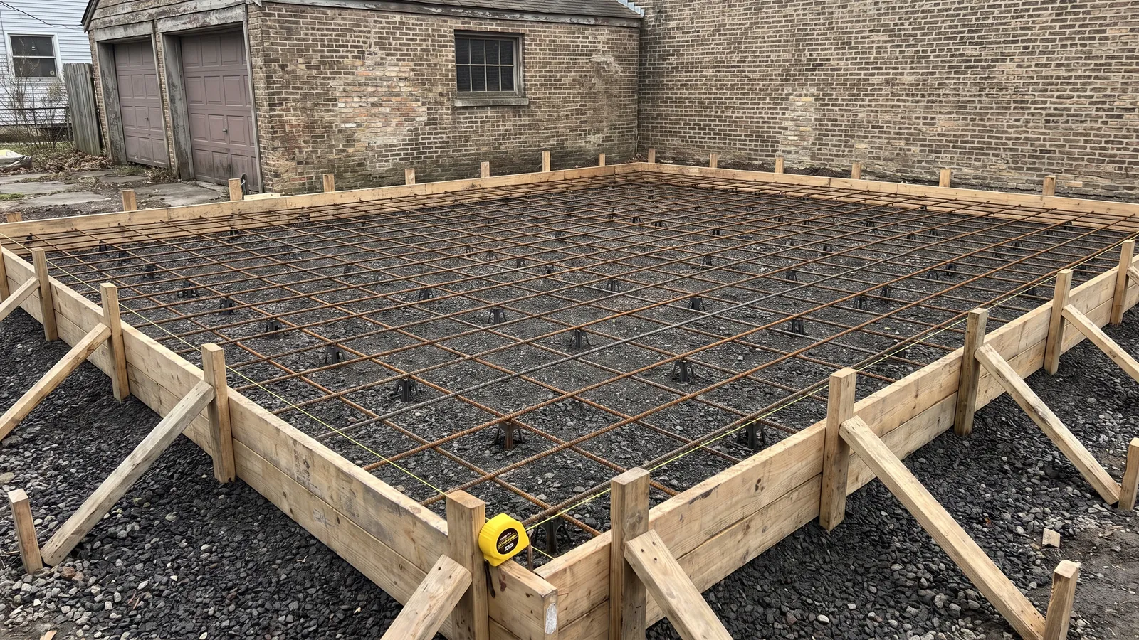 Prepared slab base before a pour: wood forms around compacted gravel with a grid of steel rebar on chairs and a string line