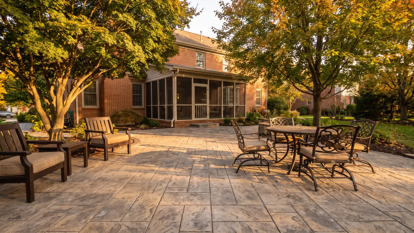 New stamped concrete patio in an ashlar slate pattern with warm gray and tan coloring behind a brick home in an Ohio backyard