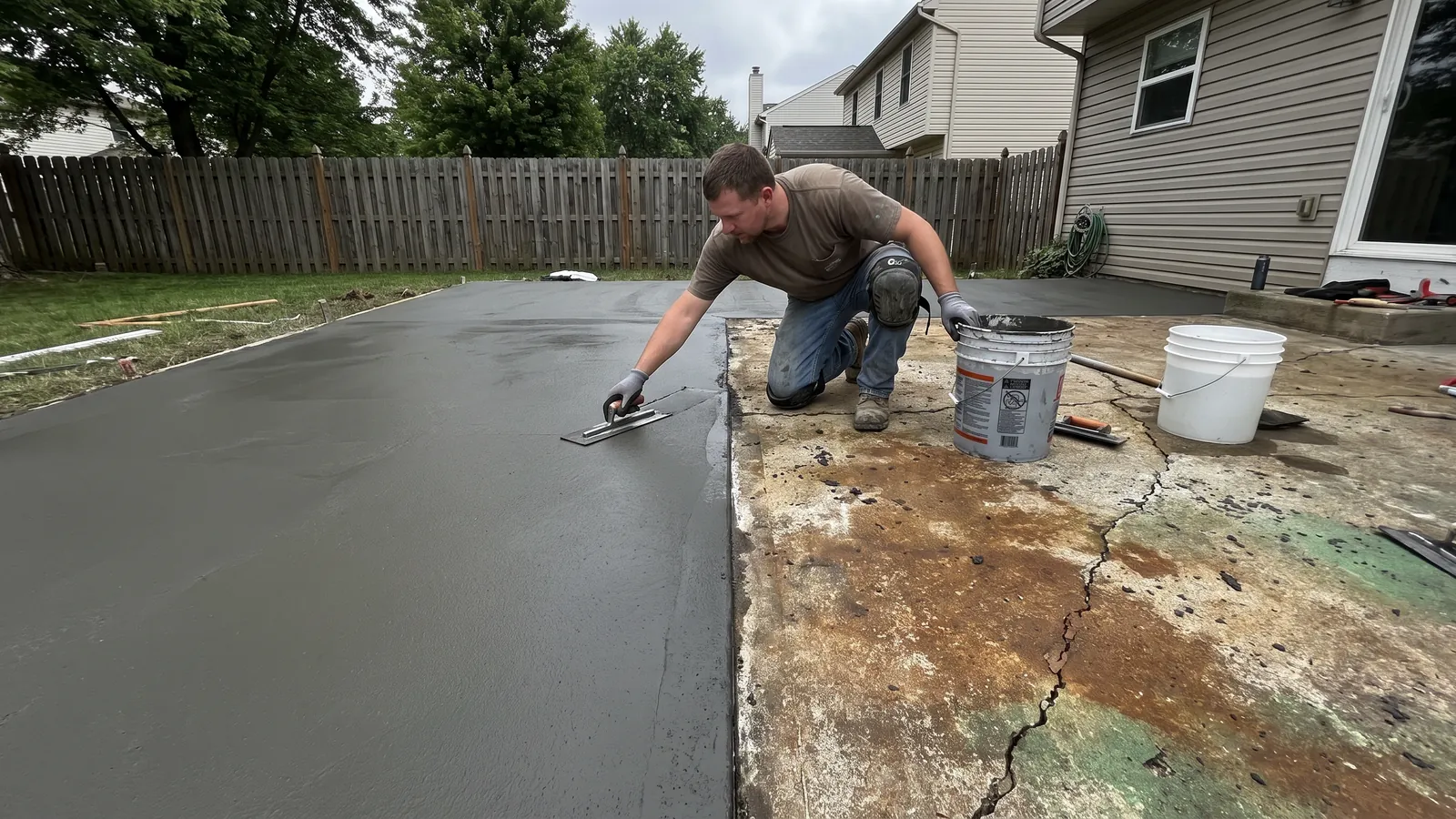 Worker troweling a thin gray resurfacing overlay across an old patio, half renewed and smooth, half still old and stained